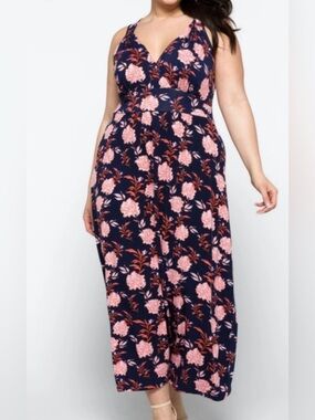 Market & Spruce Navy Floral V‑Neck dress with Pink Print